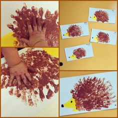 handprints made to look like a hedgehog with brown and white paint on it