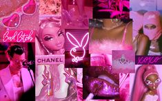 a collage of photos with barbie dolls and pink lights in the middle one is wearing bunny ears