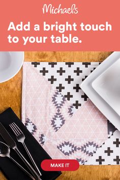 a table with place settings and napkins on it that says, add a bright touch to your table make it