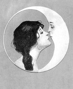 a drawing of two people kissing in front of a half - moon, with one woman's face to the side