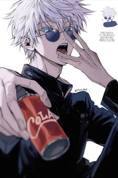 an anime character with white hair and glasses holding a soda can in his right hand