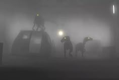 three people standing on top of a car in the fog with two dogs and one cat