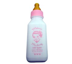 a pink and white baby bottle with a wooden top