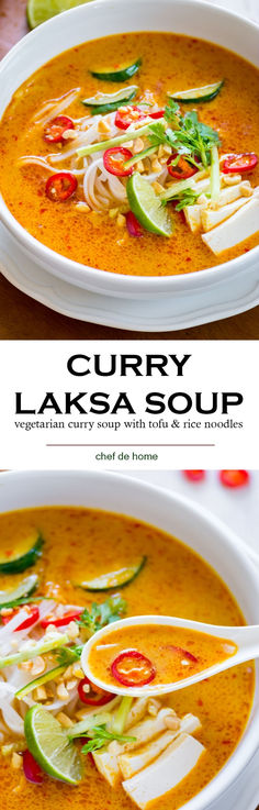 two bowls of curry laksa soup with chopsticks in them and the title above it reads curry laksa soup