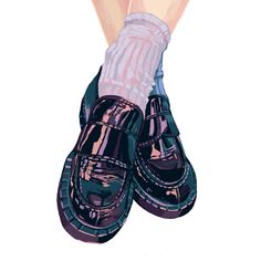 a pair of black shoes with pink socks on top of each shoe and one foot in the air