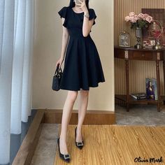 Olivia Mark - Chic Black Mini Dress with Adjustable Waist and Flowy Skirt Long Wrap Dress, Shapewear Dress, Maxi Skirt Style, Floral Print Dress Long, Wrap Around Dress, Black Short Dress, Elegant Skirt, Crewneck Dress, Adjustable Waistband