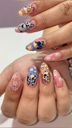 Bluey Nails Design, Bluey Dog Nails, Disney Characters Nail Art, Bluey And Bingo Nails, Bluey Nails Ideas, Bluey Inspired Nails, Bluey Nail Design, Bluey Nails Cartoon, Nail Art Characters