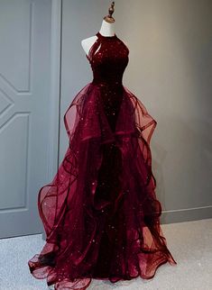 Wine Red Sequins with Tulle Long Party Dress, Wine Red Halter Evening Dress Dark Red Dress Aesthetic, Dark Red Prom Dresses, Mafia Dress, डिजाइनर कपड़े, Halter Evening Dress, Long Party Dress, Halter Prom Dresses, Fashion Fantasy