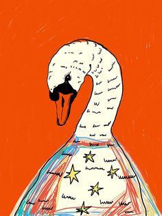 a drawing of a white swan with stars on it's chest and neck, in front of an orange background