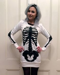 "I'm so excited about these dresses! The skeleton dress is a classic but I love my black on white version of it. I used a wonderful quality ponte de roma off white jersey for this. It's thick enough to not be see through but thin enough to still be lightweight. I printed my skeleton silkscreen onto the front and back, and bones for the long sleeved arms. The dress is finished with a folded over band and similar cuffs to finish the sleeves. This item is overlocked for durability and a professiona Skeleton Dress, Skeleton Sweatshirt, Tokyo Street Fashion, Hipster Grunge, Pastel Goth Fashion, Fandom Outfits, Costume Themes, Punk Style