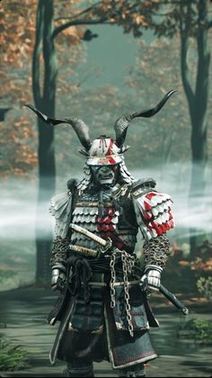 a man dressed in armor with horns on his head