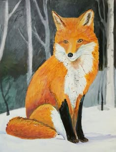 a painting of a fox sitting in the snow