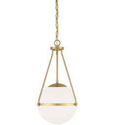 a light fixture with a white glass ball hanging from it's brass frame and chain