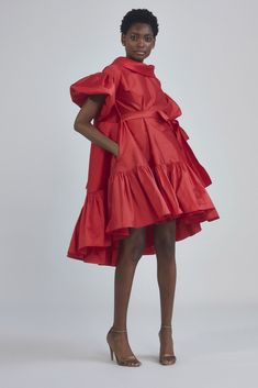 Taffeta rolled collar trapeze dress with puff sleeve and gather hem. Shown in Red. Also available in Marigold, Cobalt Blue and Frost Green. Amsale Dress, Peplum Gown, Puffy Dresses, Cobalt Blue Dress, Rolled Collar, Chiffon Midi Dress, Lace Peplum, Trapeze Dress, Latest African Fashion Dresses