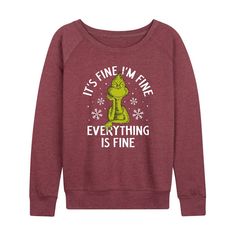 She will love showing off her style with this Women's Dr. Seuss Grinch It's Fine I'm Fine French Terry Long Sleeve Tee.FEATURES Long sleeves ScoopneckFABRIC & CARE Cotton/Polyester, French Terry Machine wash Imported Size: Small. Color: Heather Dark Red. Gender: female. Age Group: adult. Tshirts Ideas, Dr Seuss Grinch, I'm Fine, Sensory Bins, How To Show Love, Dr Seuss, Shirt Sale, Teacher Shirts, Wonderful Time