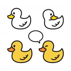 three rubber ducks with speech bubbles on their heads, one yellow and the other white