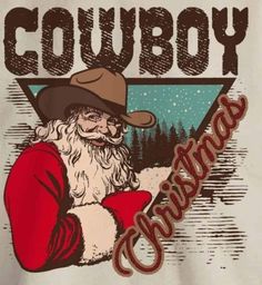 the cowboy is holding a sign with his hand and wearing a santa claus hat on it