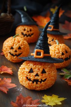 pumpkin rice krispy treats with witches hats on them