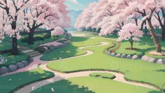 a painting of a park with trees and flowers