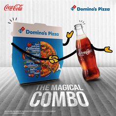 an advertisement for the coca - cola company with a cartoon character holding a pizza box