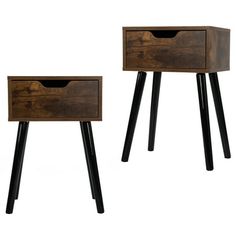 two wooden tables with black legs and one has a drawer on the bottom, and another is