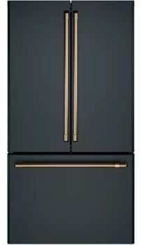 a black refrigerator freezer with copper handles and an ice maker on the bottom shelf