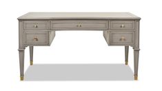 a grey desk with two drawers and gold handles on the top, against a white background