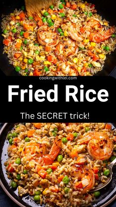 fried rice with shrimp, peas and carrots in a skillet on the side