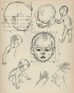 an old book with drawings of babys and hands on the pages, including one child's head