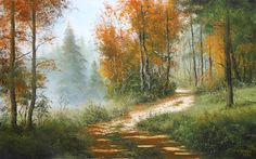 an oil painting of a path in the woods