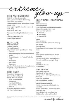 #affiliate Extreme Glow Up Checklist | Diet Exercise Skin and Hair Care Body Care Essentials nel 2024 Diet For Skin And Hair, Diet For Better Skin And Hair, Glo Up Workout Routine, Workout Glow Up, Personal Glow Up, Make Up Checklist, Clean Skin Care Routine, Skincare Glow Up