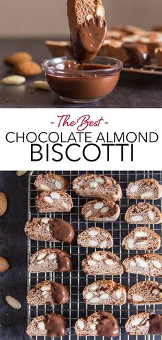 chocolate almond biscotti cookies on a cooling rack with the words chocolate almond biscotti