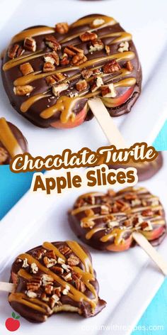 chocolate turtle apple slices with caramel drizzle and pecans on the top