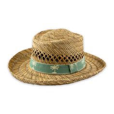 Cool and Breathable Panama Straw Hat Stay cool and stylish with our Panama Straw Hat featuring a green crown band adorned with palm tree images. Crafted from woven straw, this hat is both breathable and lightweight. It's ideal for sunny days. The palm tree band adds a touch of tropical charm, ideal for beach outings or casual strolls. Designed for comfort and style, it offers excellent sun protection. Embrace a laid-back look with this versatile accessory. Order your Panama Straw Hat today. Trad Adjustable Palm Leaf Straw Hat For Spring, Summer Vacation Fedora With Visor, Summer Vacation Visor Fedora, Summer Straw Hat Bands For Outdoor, Adjustable Sun Hat For Beach Vacation, Adjustable Fit Sun Hat For Beach Vacation, Tropical Style Summer Sun Hat With Short Brim, Summer Woven Hat Bands For Vacation, Vacation Straw Hat, One Size