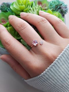 "Bubble Sakura Wrap Band Ring Band Width: 1/16\" (0.1 cm) to 5/16\" (1.0 cm) can also go wider depends on how you want to style the ring. Will fit 5.5 to 8.5 US ring size Weight: 2g Material: Rhodium or Rose Gold plated over brass, cubic zirconia Note: Please stretch the ring out with care. Do it slowly to get to the size that you need. Too much force would put stress on it and snap. To make it smaller just pitch it together." Sakura Engagement Ring, Sakura Ring, Rings Pink, Layered Rings, Zierlicher Ring, Floral Jewelry, Jewelry Statement, Floral Jewellery, Pink Ring