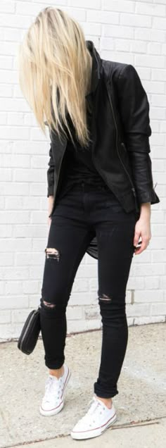 You can always wear your black skinny jeans and black leather jacket with a pair of white Converse. That works. Via Figtny  Jacket: Aritzia, Skinny Jeans: Zara, Clutch: Alexander Wang, Sneakers: Converse How To Wear Converse, Ripped Black Jeans, Converse Outfits, 30 Outfits, Women's Outfits, Outfits With Converse, Combat Boot