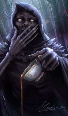 a creepy looking man holding a cup in his hands and wearing a black hoodie