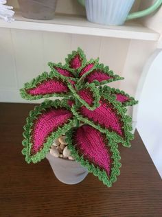 a crocheted potted plant sitting on top of a wooden table