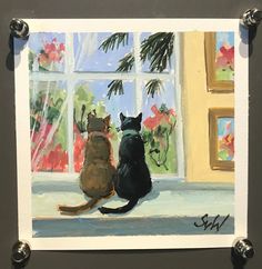 a painting of two cats sitting next to each other in front of a large window