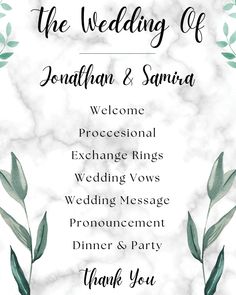 the wedding of jonathan and samra is displayed on a marble background with greenery