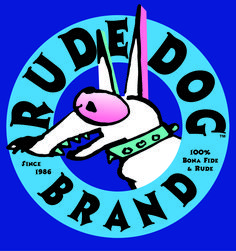 the logo for dude dog brand on a blue background