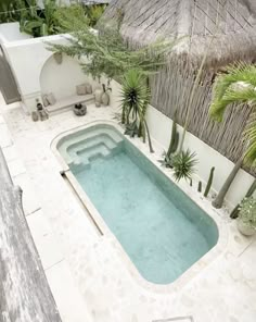 an outdoor hot tub in the middle of a patio area with thatched roof and palm trees