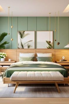 a bedroom with green walls and wooden furniture