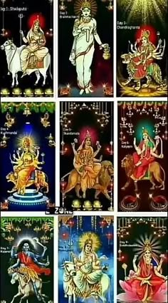 the nine avatars of hindu deities are depicted in this image, with different colors and sizes