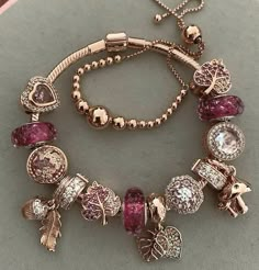 Pandora Bracelet Ideas Inspiration, Pandora Charm Bracelet Ideas, Pandora Necklace Ideas, Pandora Charm Bracelet Aesthetic, Pandora Bracelet Aesthetic, Pink Pandora Bracelet, Charm Bracelet Aesthetic, Gold Pandora Bracelet, Pandora Aesthetic