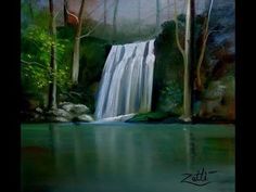 a painting of a waterfall in the woods