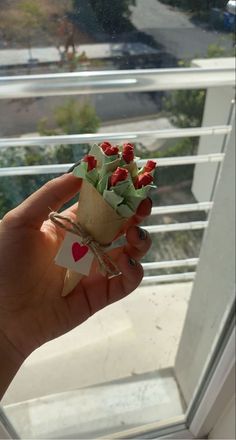 a hand holding a small flower pot with red flowers in it on top of a window sill