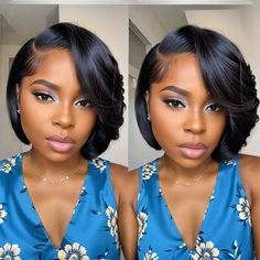 Easy Short Hairstyles With Bangs, Weave Bob Hairstyles For Black Women, Side Part Wig With Bangs, Bob Hairstyles Color, Short Glueless Wigs, Closure Side Part, Adult Hairstyles, Random Hairstyles, Nicki Concert