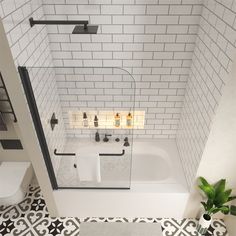 a white tiled bathroom with black and white floor tiles on the shower wall, toilet and bathtub