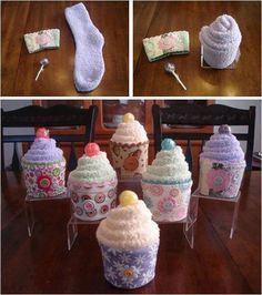 there are several pictures of baby items made out of crochet yarn and cotton swabs